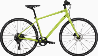 A lime green cannondale on a white background