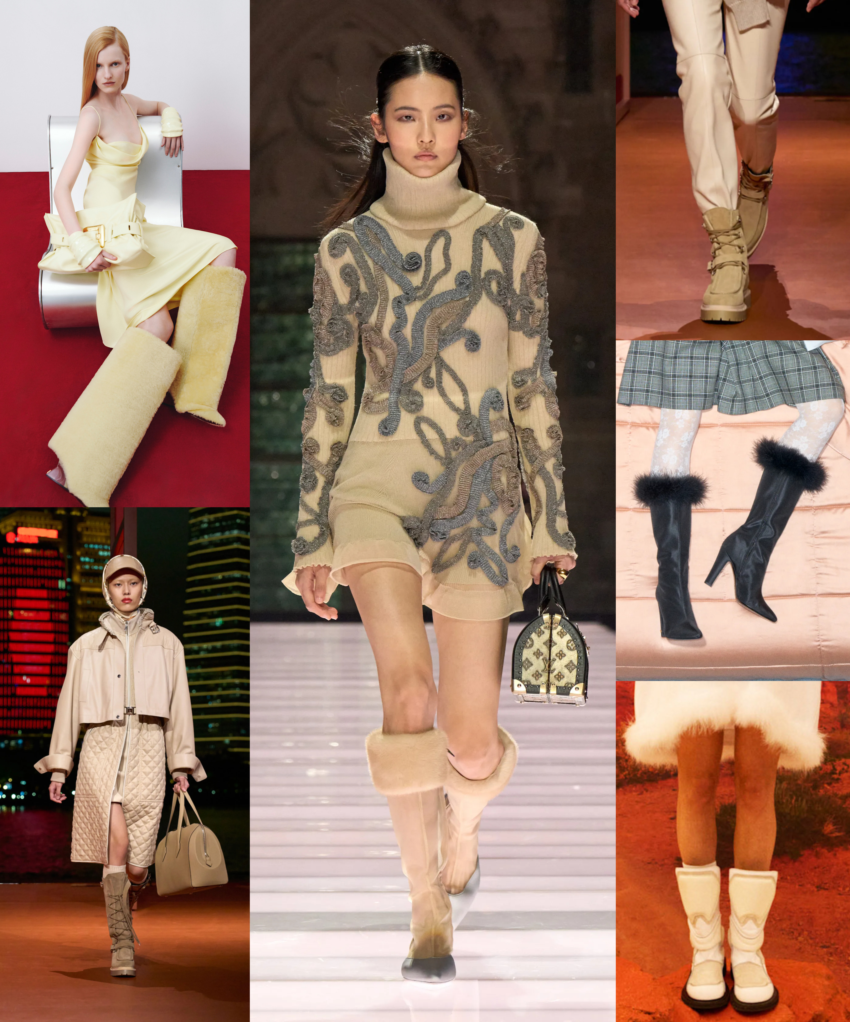winter 2026 shoe trend of snow bunny boots at Balmain, Herm&amp;egrave;s, Louis Vuitton, Valentino, Moschino Resort 2026