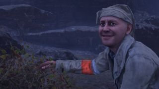 Jim indicates a bush he thinks would be good for peeing behind