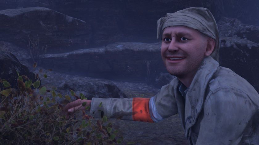 Jim indicates a bush he thinks would be good for peeing behind