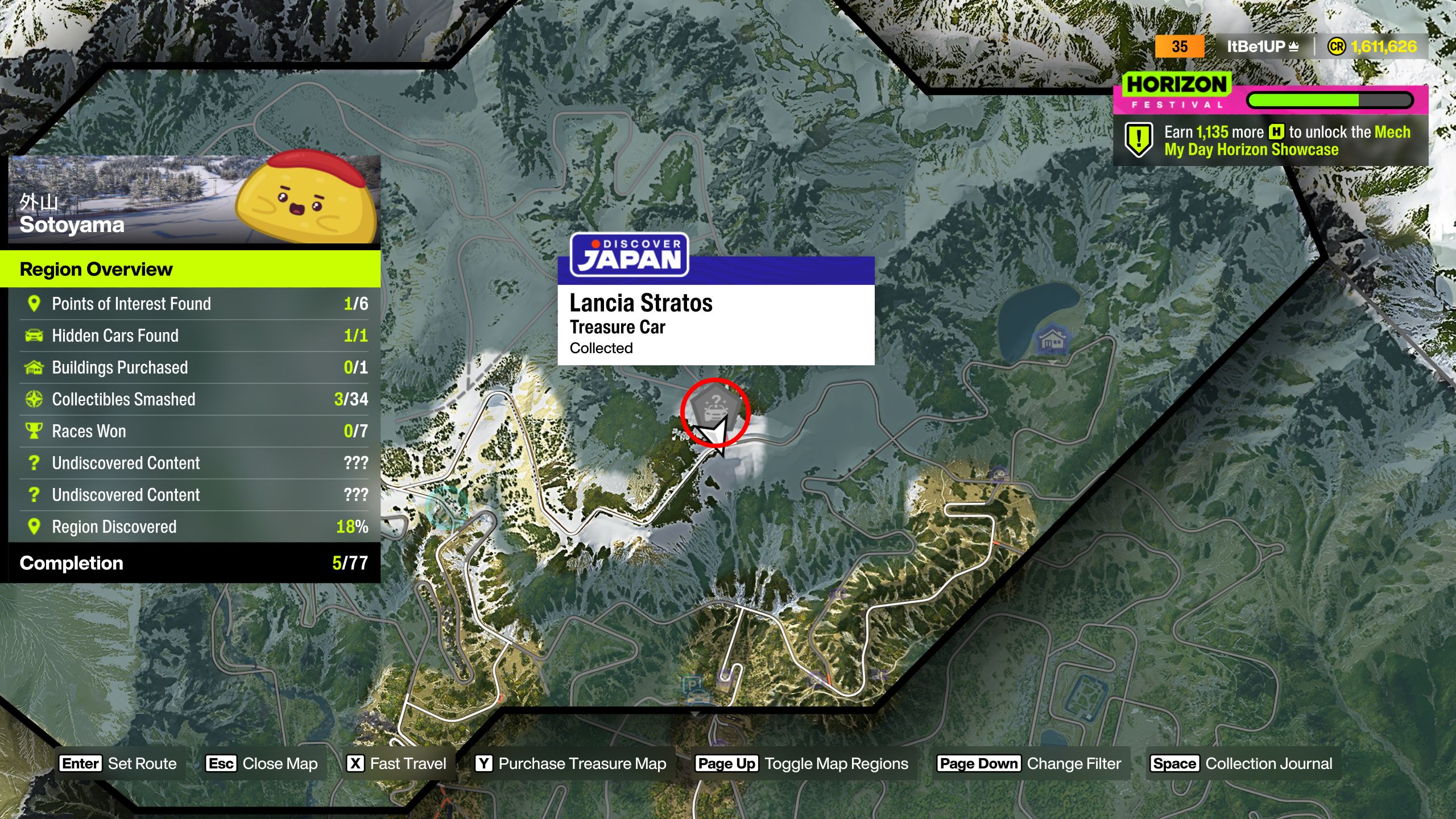 Forza Horizon 6 Treasure Cars: A map with a red circle bringing attention to the location of a Treasure Car in the Sotoyama region.