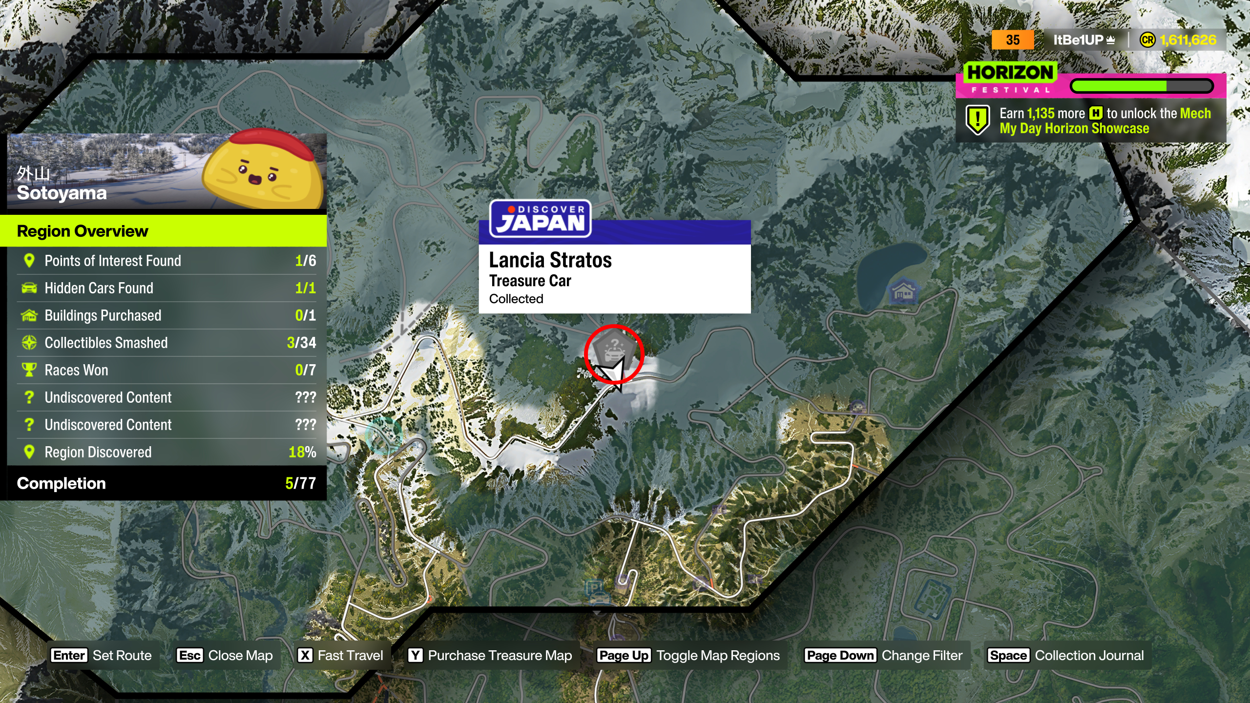 Forza Horizon 6 Treasure Cars: A map with a red circle bringing attention to the location of a Treasure Car in the Sotoyama region.
