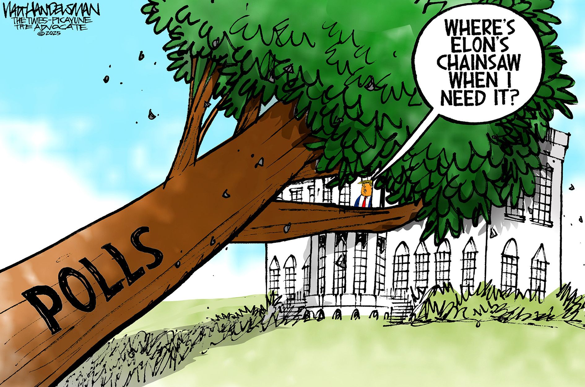
                                This cartoon depicts a giant tree labeled &quot;POLLS&quot; that has fallen on top of the White House. Donald Trump, seen in a window at the White House, says &quot;Where&#039;s Elon&#039;s chainsaw when I need it?&quot;
                            