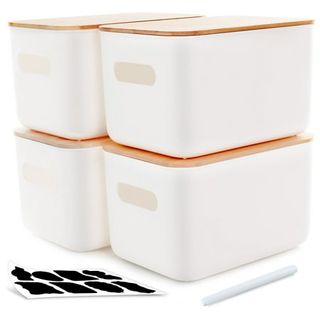 White plastic storage baskets with handle cut outs and bamboo lids