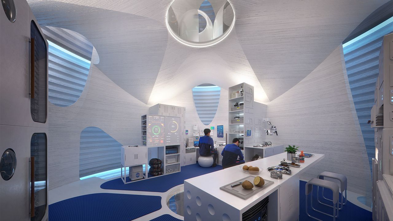 A visualization showing a potential interior for Marsha, the winner of NASA's 3D-Printed Habitat Challenge.