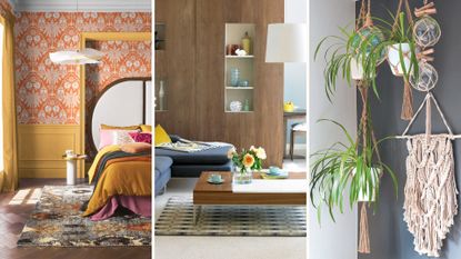 compilation of 70s-inspired interior design trends showing retro wallpaper in orange, wooden partition walls and plants in macrame hanging pots