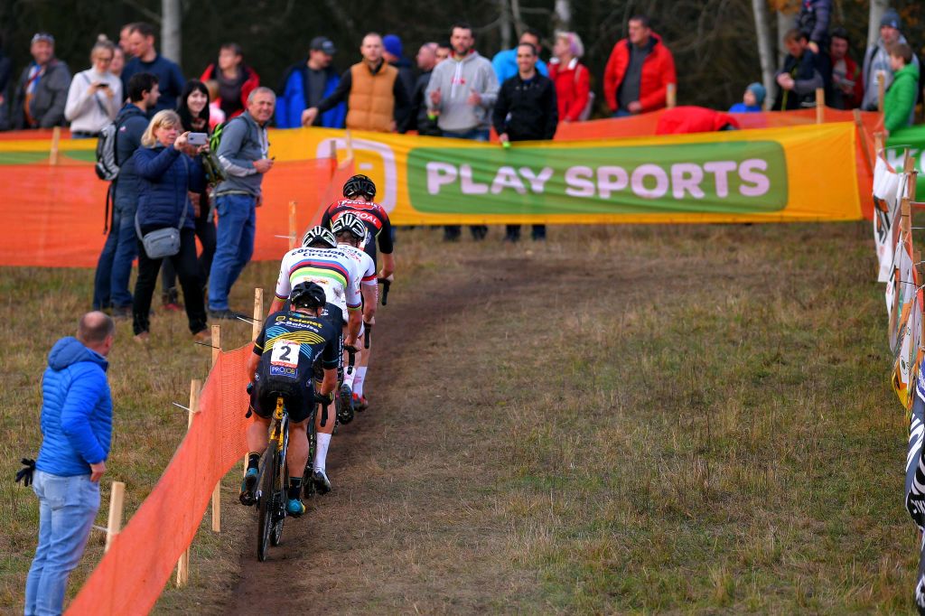 TABOR CZECH REPUBLIC NOVEMBER 16 Lars Van Der Haar of The Netherlands and Team Telenet Baloise Lions Mathieu Van Der Poel of The Netherlands and Team Corendon Circus Jens Adams of Belgium and Team Pauwels Sauzen Bingoal Thomas Pidcock of United Kingdom and Team Trinity Racing Public Fans during the 23rd Tabor World Cup 2019 Men Elite UCICX TelenetUCICXWC on November 16 2019 in Tabor Czech Republic Photo by Luc ClaessenGetty Images