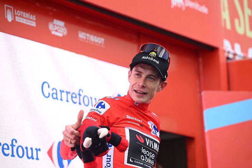 GUIJUELO, SPAIN - SEPTEMBER 12: Jonas Vingegaard of Denmark and Team Visma | Lease a Bike - Red Leader Jersey celebrates at podium winner during the La Vuelta - 80th Tour of Spain 2025, Stage 19 a 161.9km stage from Rueda to Guijuelo / #UCIWT / on September 12, 2025 in Guijuelo, Spain. (Photo by Dario Belingheri/Getty Images)