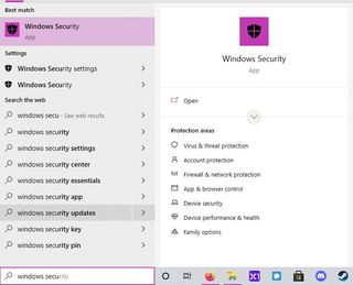 Windows Security search in Windows 10