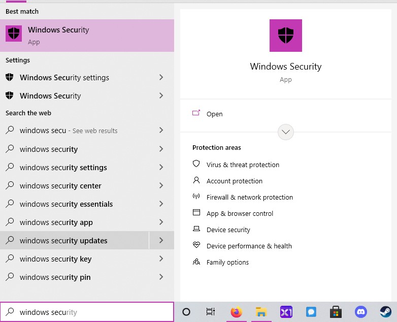 Windows Security search in Windows 10