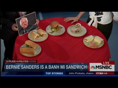 A still showing the MSNBC segment comparing Bernie Sanders to a sandwich.