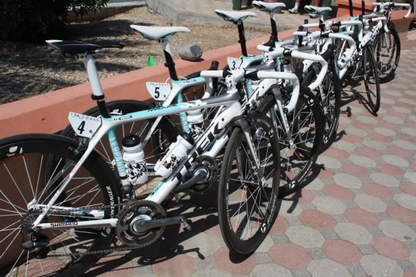 The sky blue and white Leopard Trek bikes.