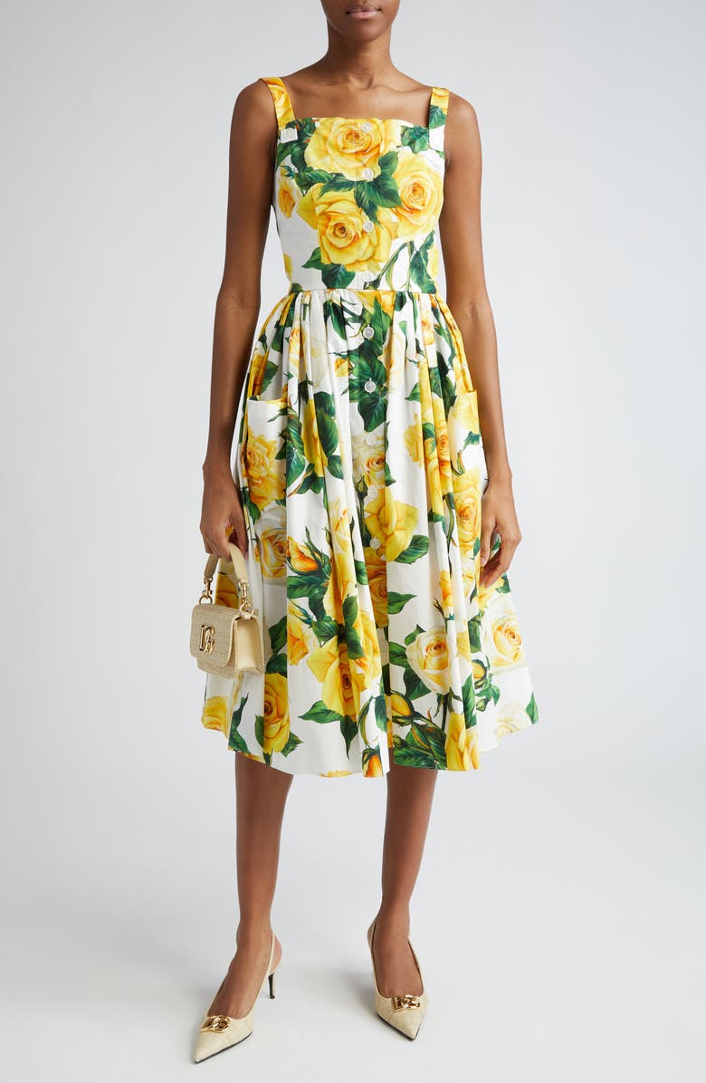 Rose Print Pleated Cotton Midi Dress