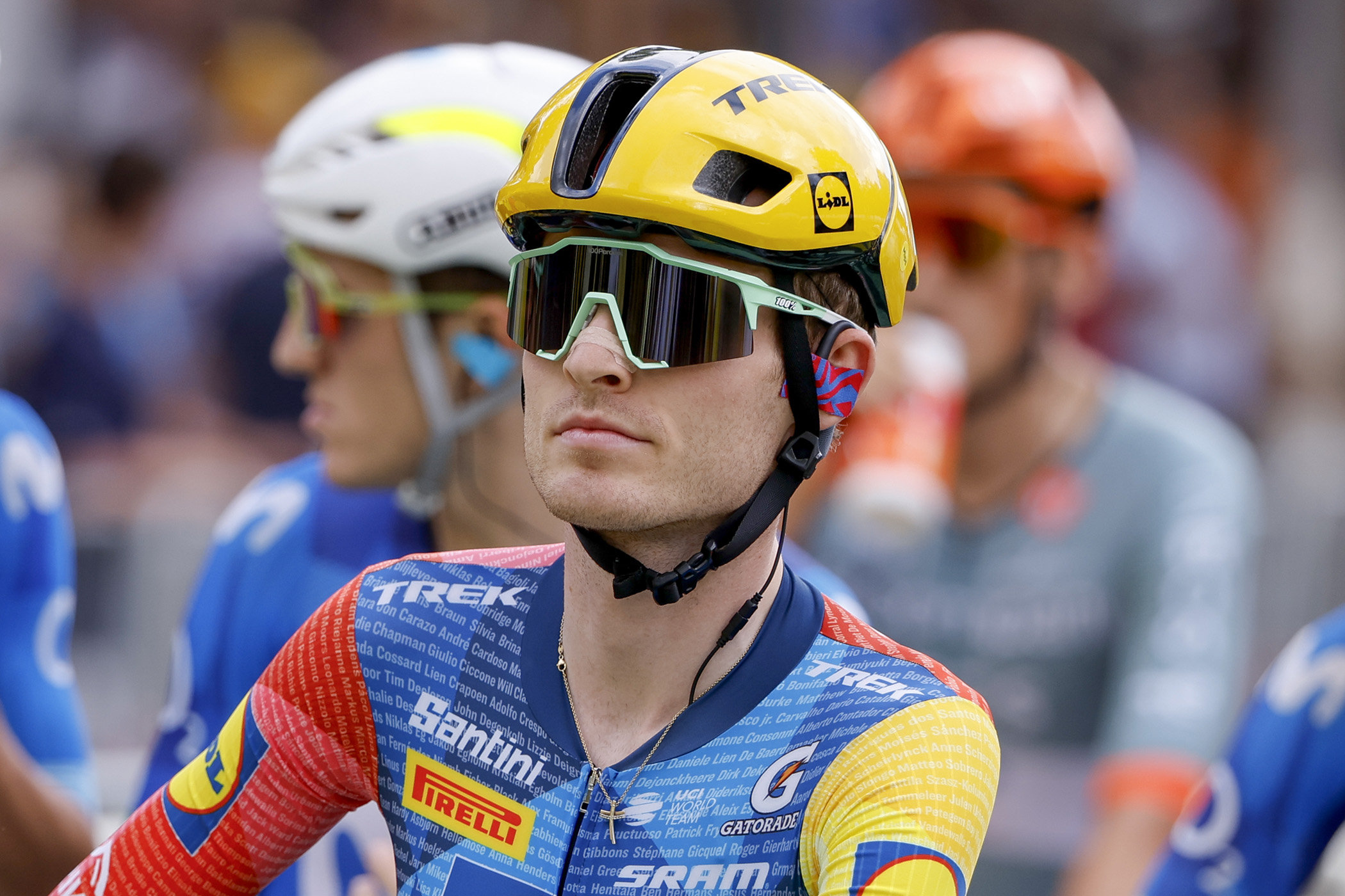 Mattias Skjelmose waits among the peloton ahead of the final stage of the Tour de France