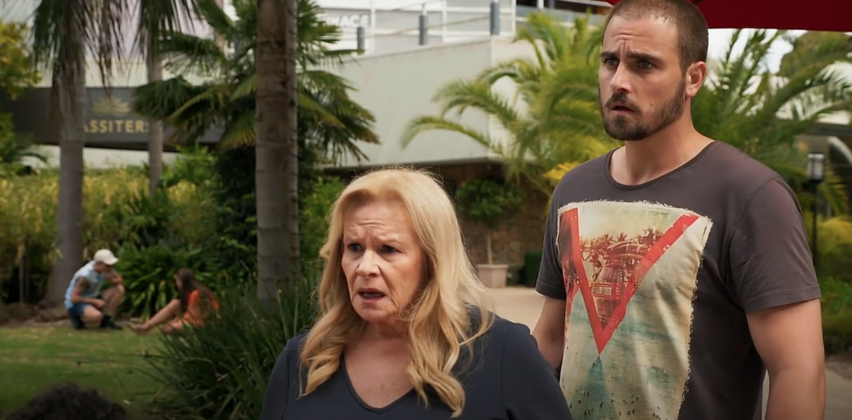 Neighbours Levi Canning shocks Sheila Canning and Kyle Canning.