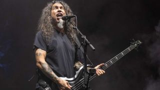 Singer and bassist Tom Araya of Slayer performs live on stage at Geneva Arena on June 19, 2019 in Geneva, Switzerland.