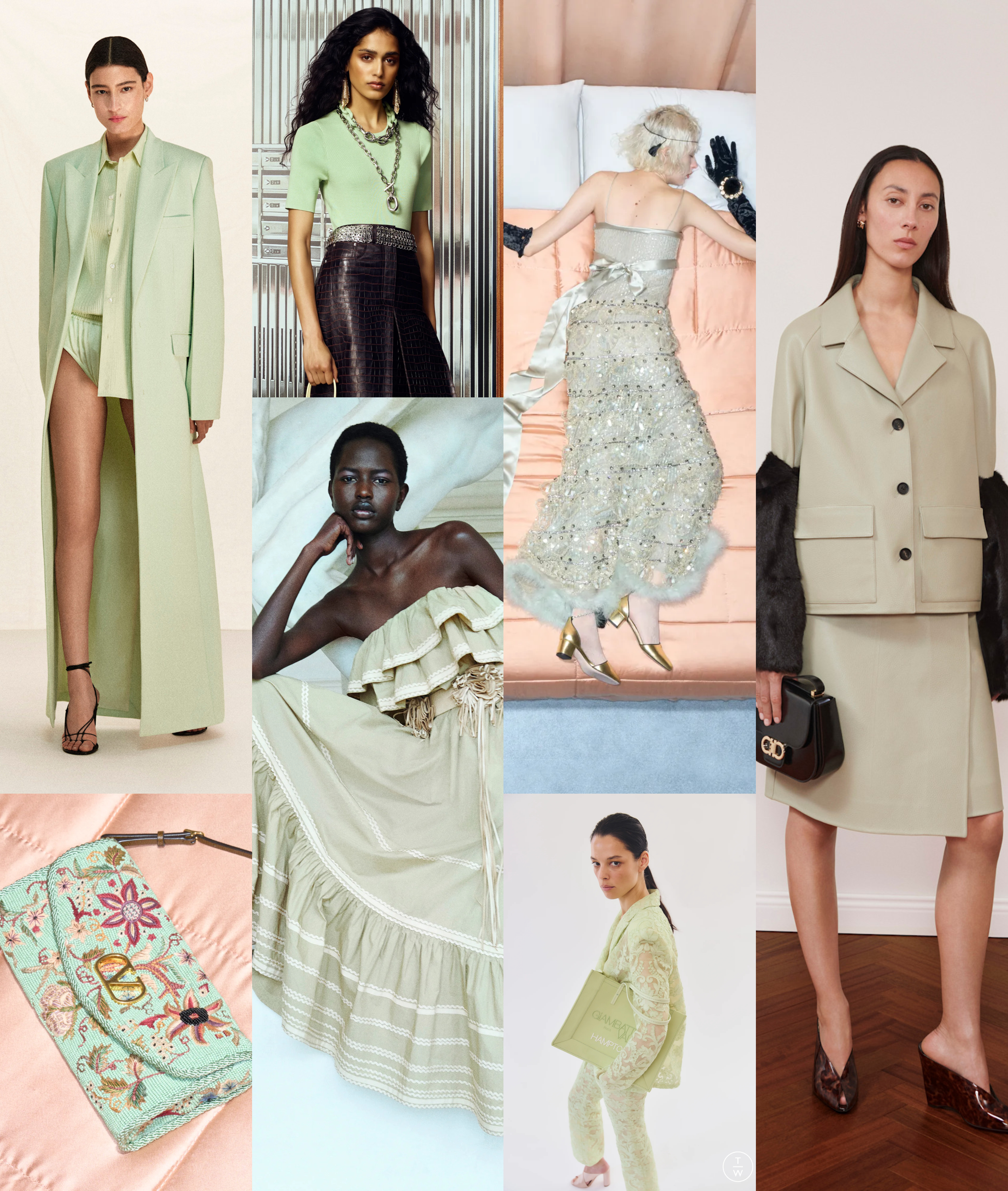 winter 2026 color trends, pistachio at Victoria Beckham, Valentino, Rabanne, Ulla Johnson, Giambattista Valli, Ferragamo Resort 2026