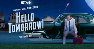 promotional art for "Hello Tomorrow!" showing a man in a suit sitting in an open car door. the car has no wheels and floats above the street. a rocket takes off towards a large, bright moon in the background