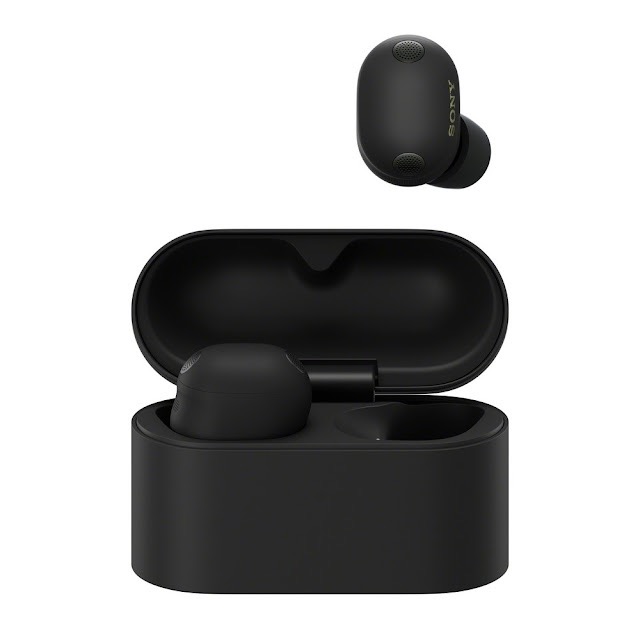 A black Sony WF-1000XM6 charging case, with one earbud inside the case and one floating above it.