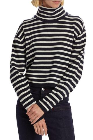 Theory Striped Wool & Cashmere Cropped Pullover