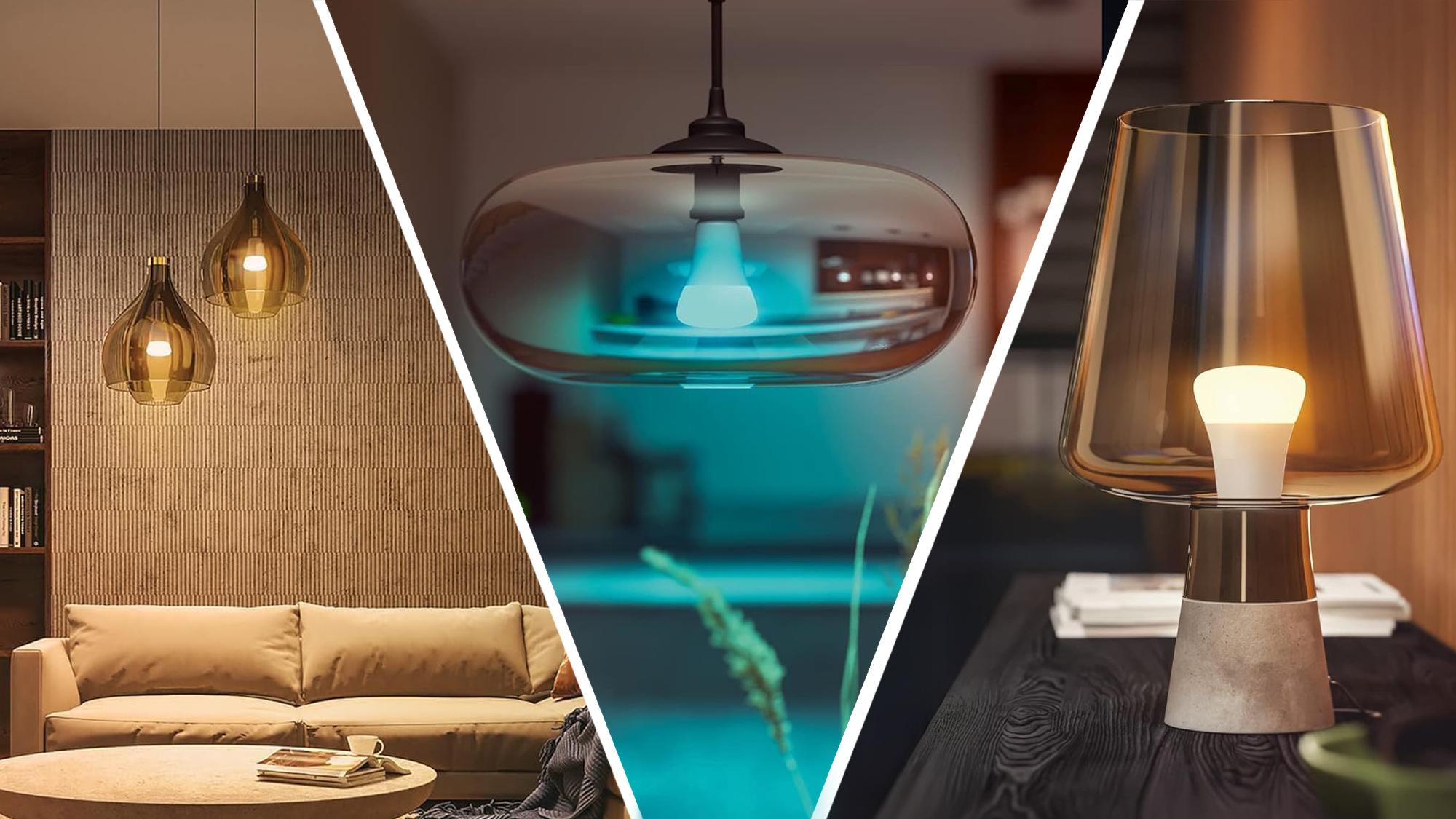 Three different types of Philips Hue bulbs installed in homes