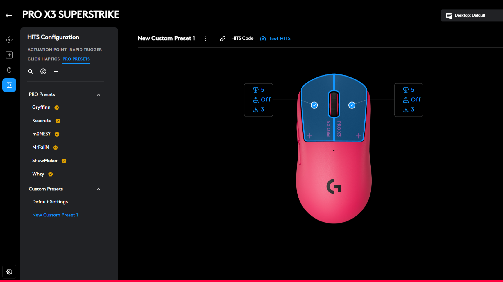 The Logitech G Pro X3 Superstrike software settings.