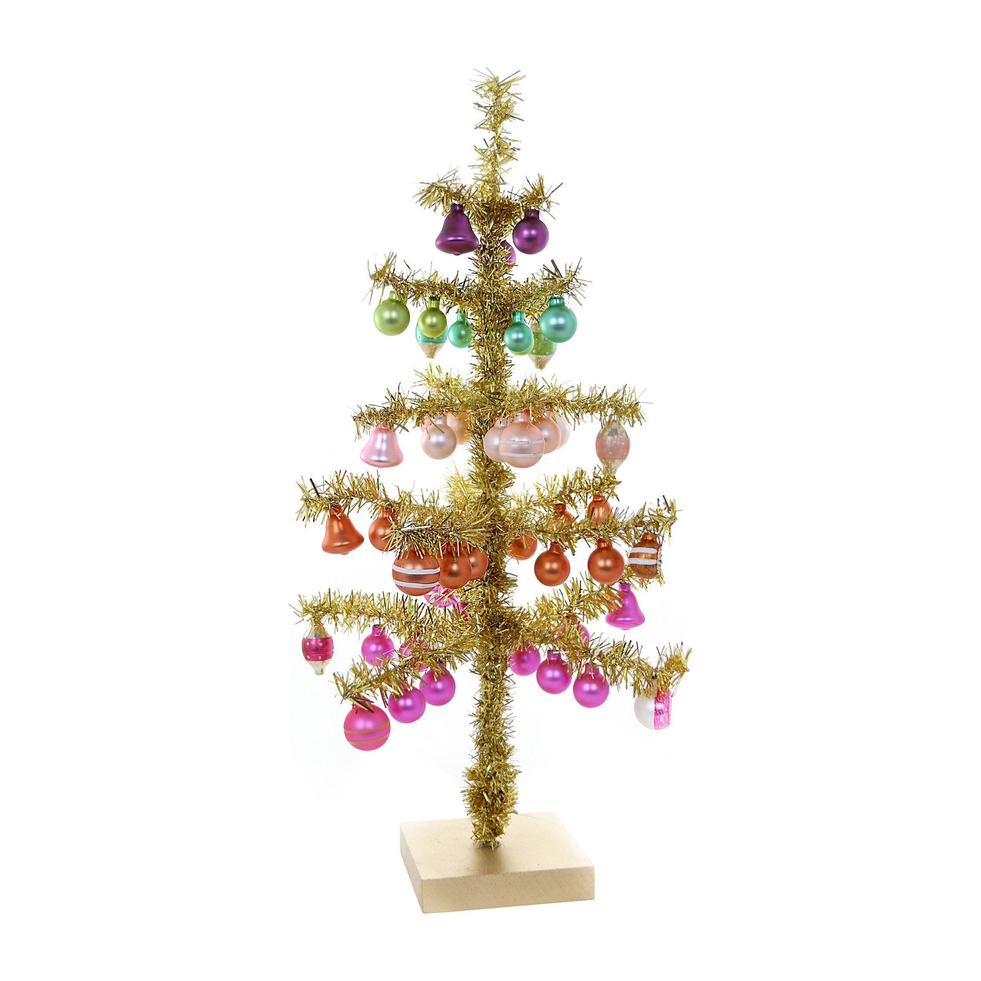 a tinsel Christmas tree with colorful ornaments on it