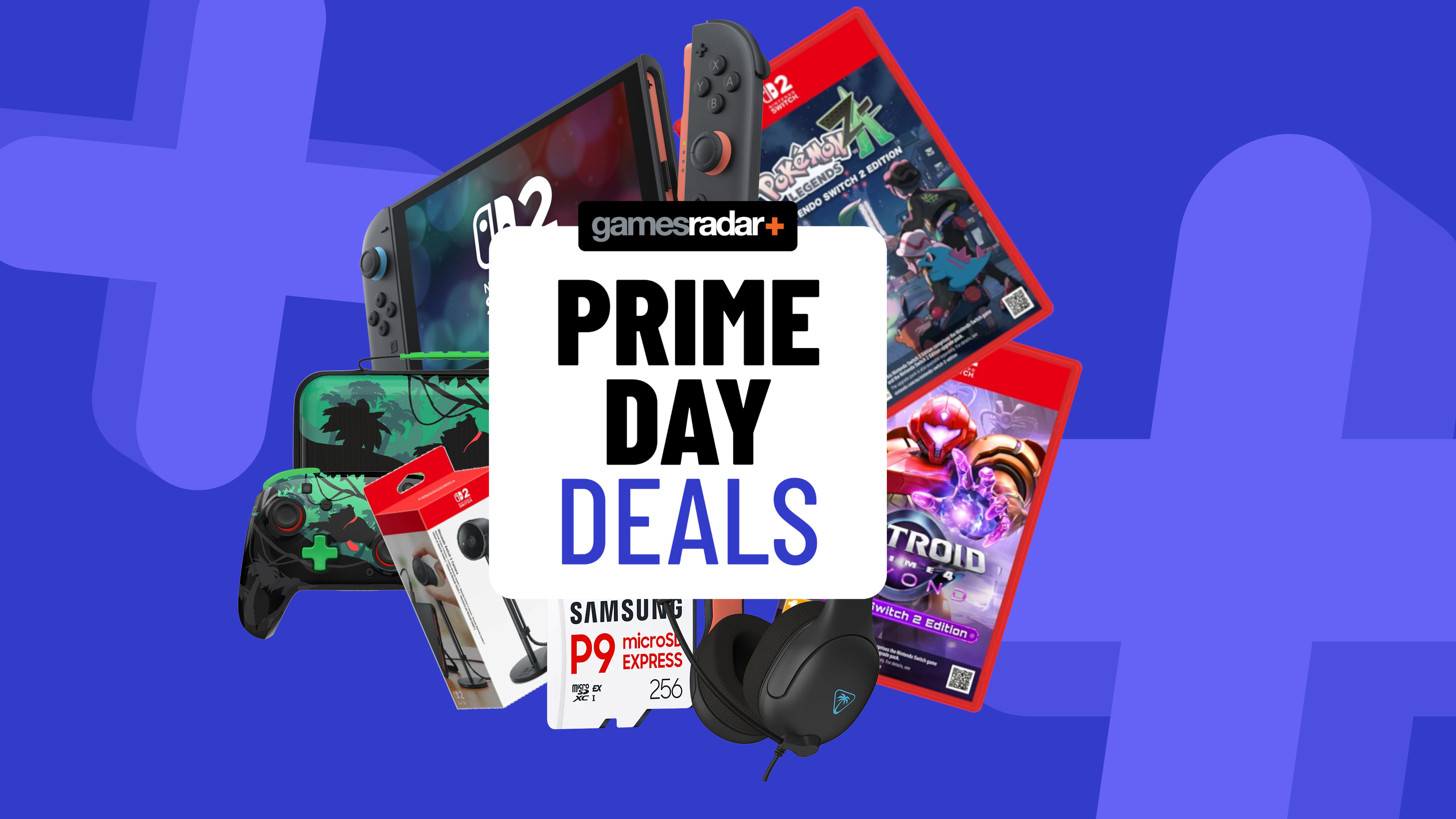 Amazon Prime Day deals badge surrounded by Nintendo Switch 2 accessories and games