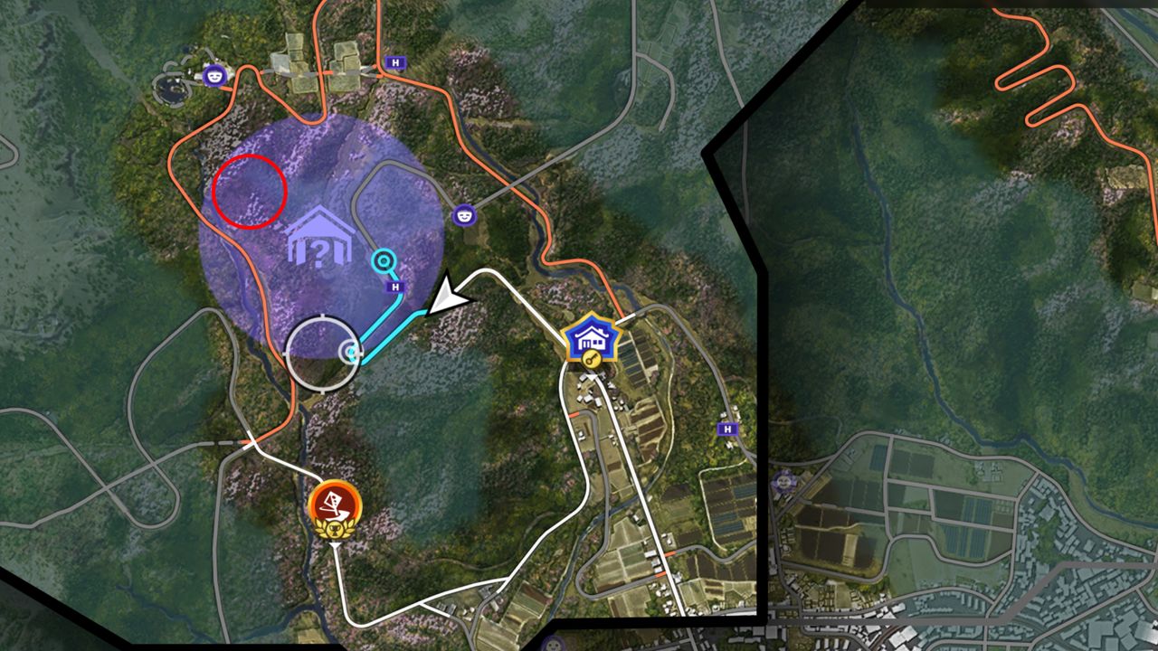 Forza Horizon 6 Barn Finds: A map with a red circle showing the location of the Barn Find within the purple search area.