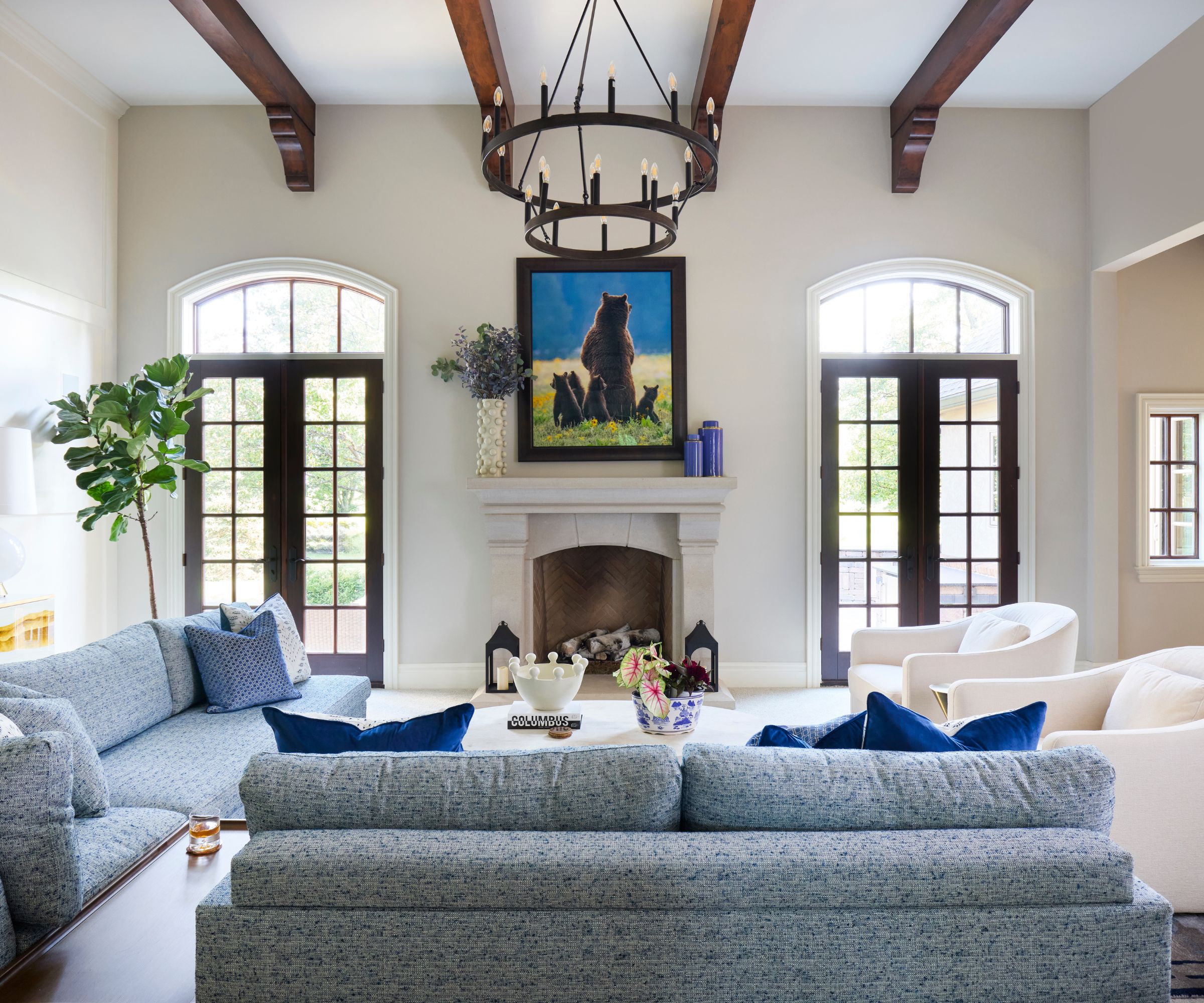 Living room in Accessible beige with blue accents