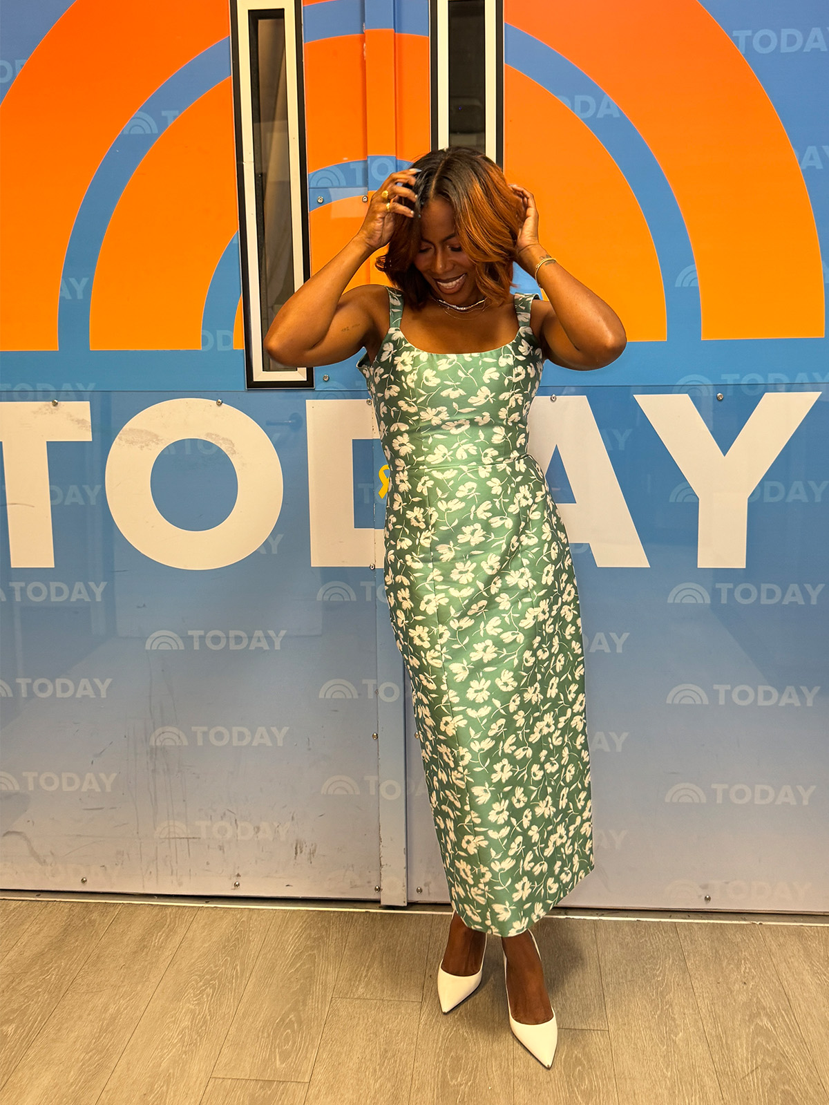 Who What Wear Editor in Residence Tiffany Reid wearing a floral brocade dress for the Today show.