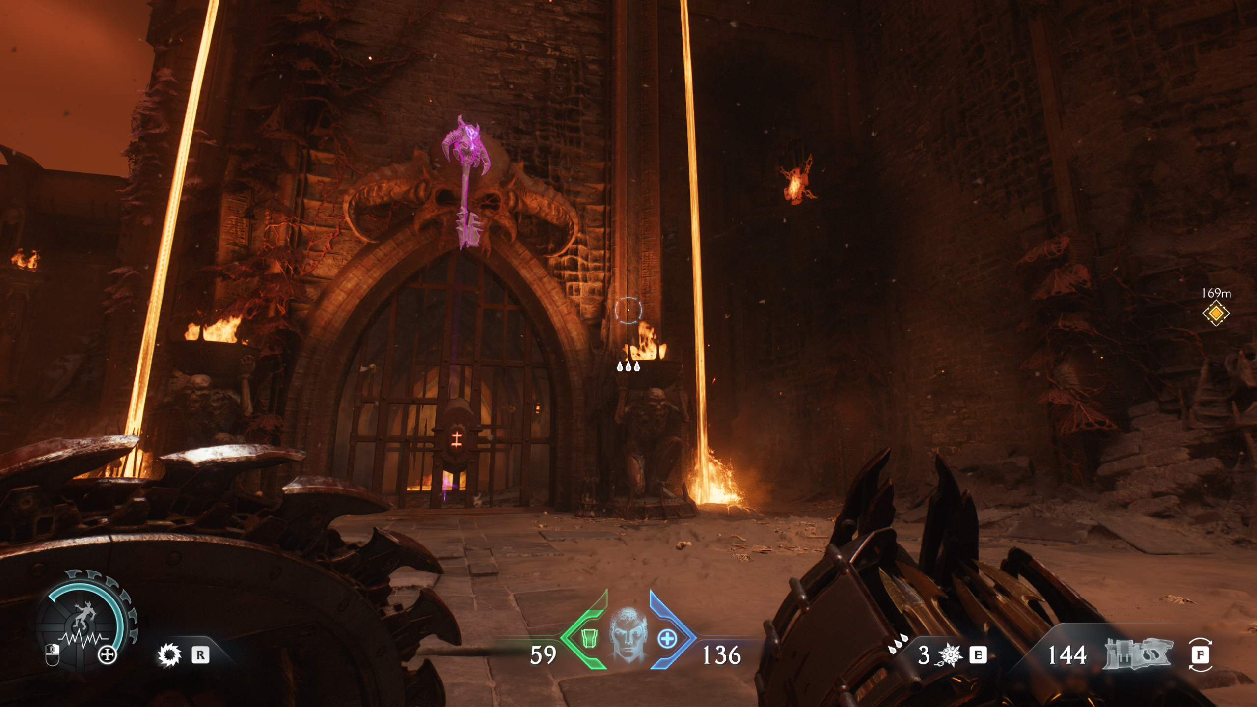 Doom: The Dark Ages The Forsaken Plains secrets and collectibles - The purple secret key behind the gate of a tower with lava waterfalls on either side.