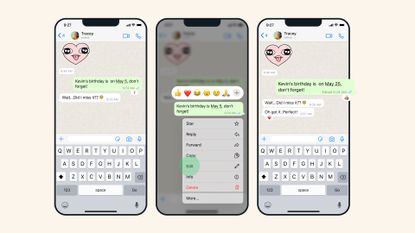 The new WhatsApp message editing feature shown on three device screens, against an off-white background