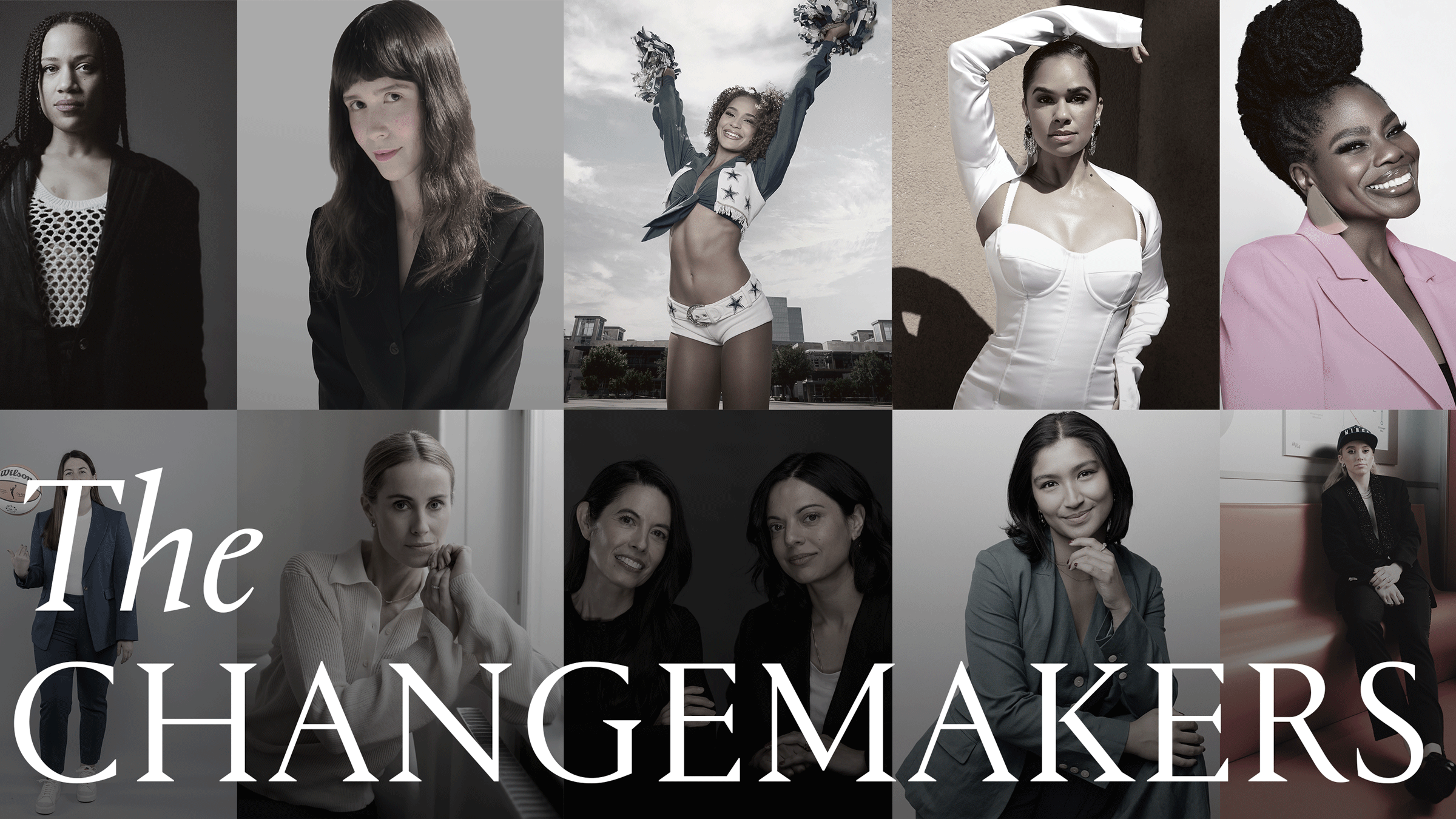 Collage of portraits of Marie Claire&#039;s 2025 Changemakers, featuring women in a grid of black-and-white and muted color photos. At the center, large white text reads \201cThe Changemakers.\201d 