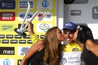 Volta a Portugal winner Nuno Ribeiro (Liberty Seguros) celebrates on the podiuim.
