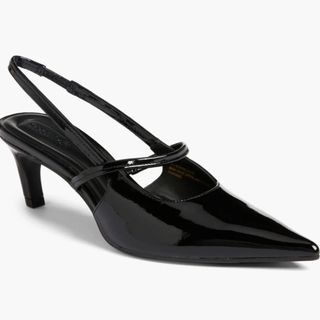 black patent point toe heels