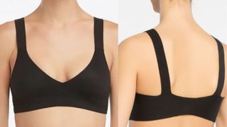 model showing front and back of spanx bra in black