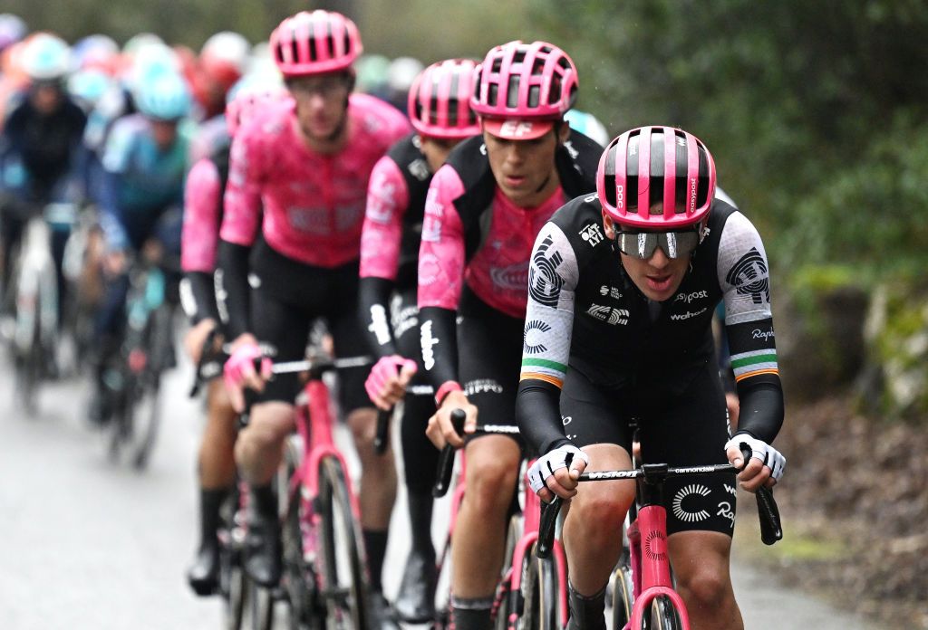 GOURDON FRANCE FEBRUARY 22 Darren Rafferty of Ireland and Team EF Education EasyPost leads the peloton during the 57th Tour des Alpes Maritimes et du Var 2025 Stage 1 a 1624km stage from Contes to Gourdon on February 22 2025 in Gourdon France Photo by Billy CeustersGetty Images