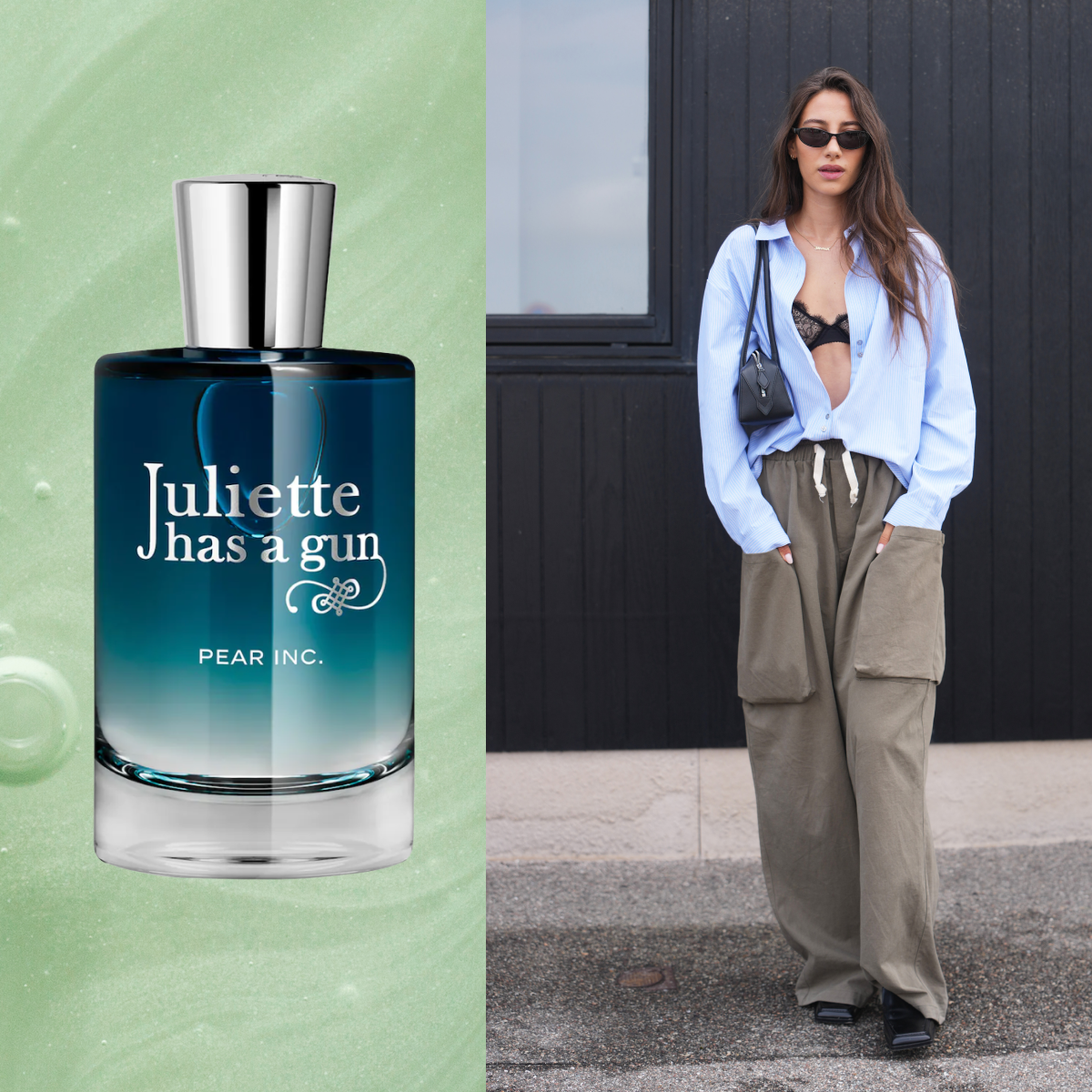 A woman wearing a blue button up, taupe pants, and a black shoulder bag. She is next to a bottle of pear perfume. 