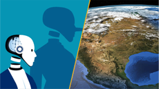 Split image showing a robot telling lies and a satellite view of north america.