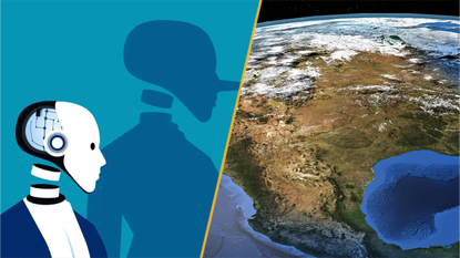 Split image showing a robot telling lies and a satellite view of north america.