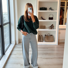 Fashion person Yasmin Devonport wears the grey jeans and ballet flat trend.