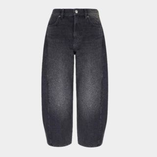 flat lay image of black barrel leg jeans