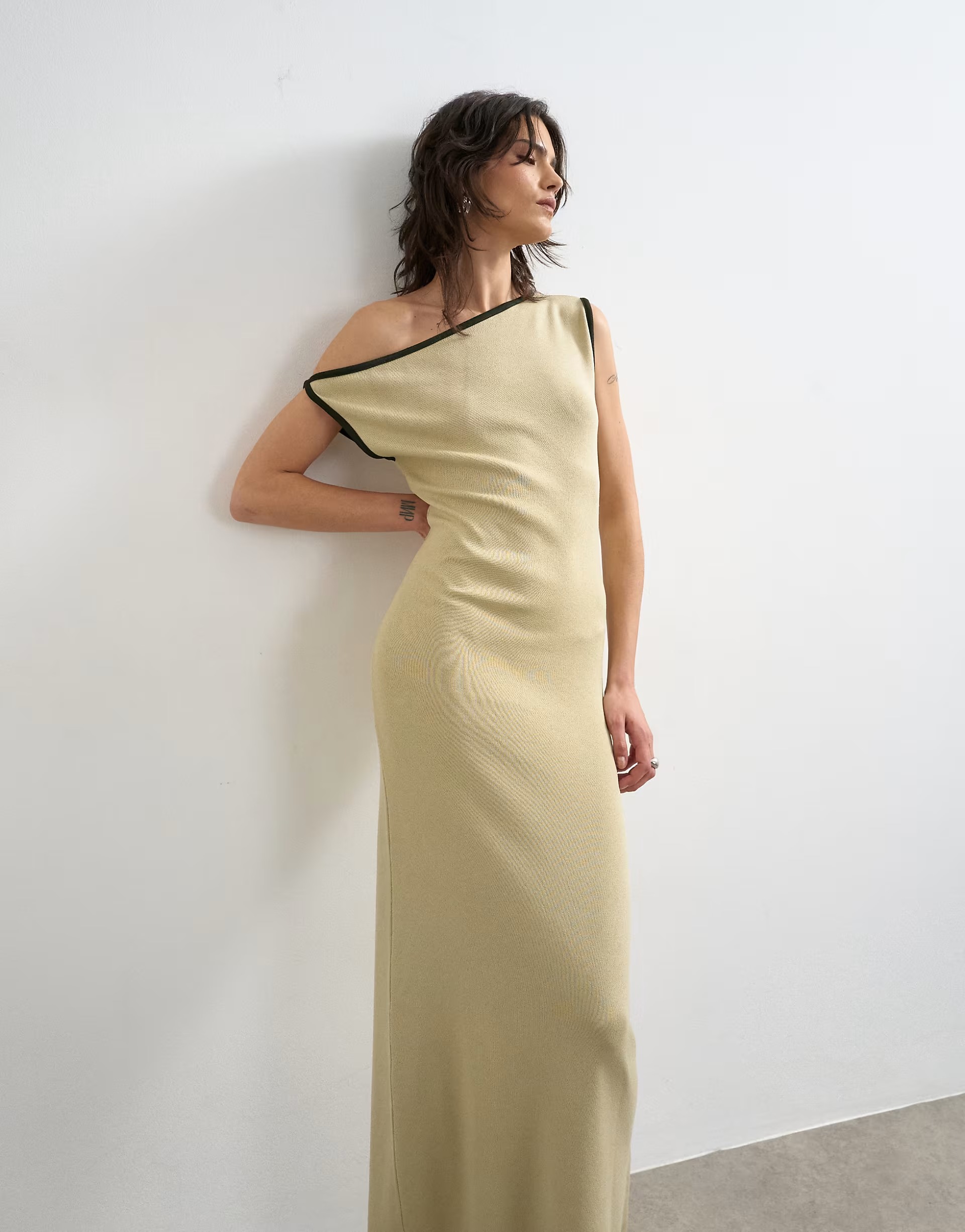Topshop, Knitted Textured Twist Detail Off Shoulder Maxi Dress in Neutral