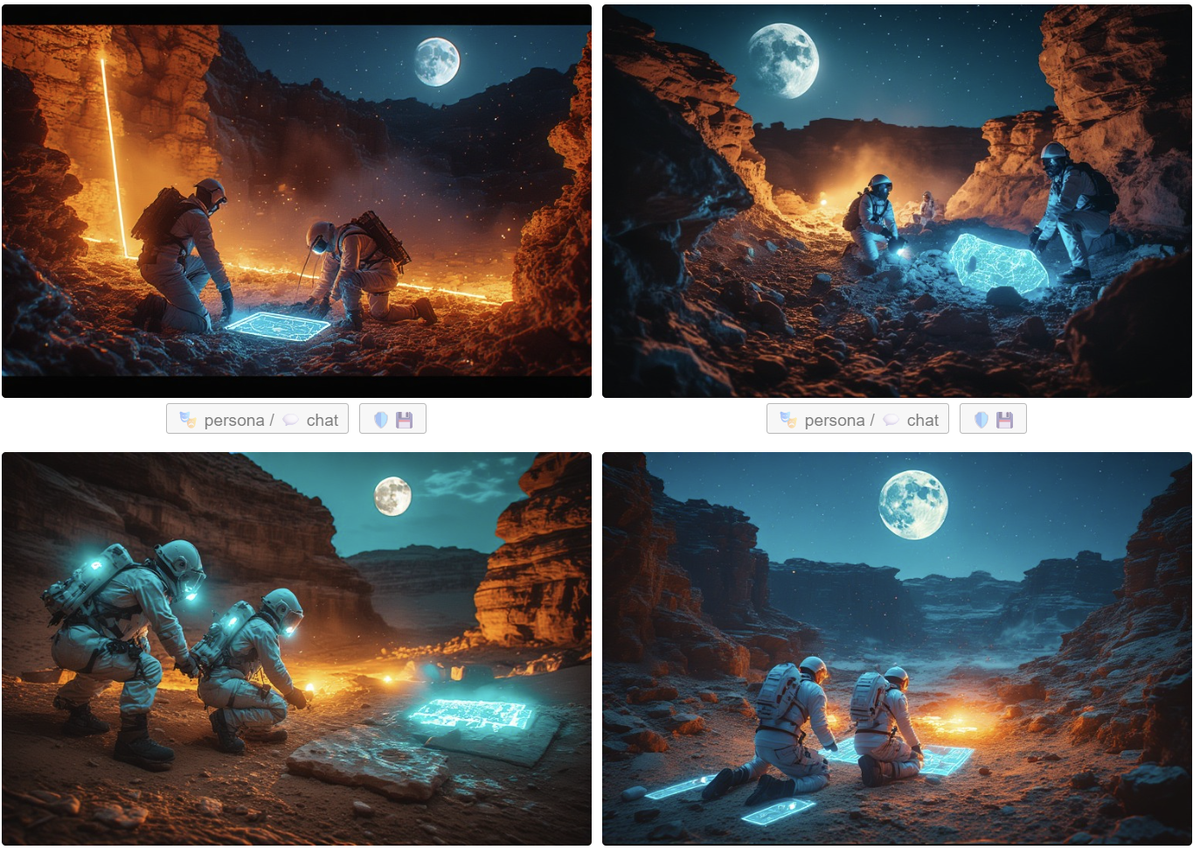 AI-generated images of space archaeologists working under the light of the moon