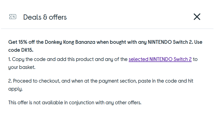 Currys Switch 2 Donkey Kong Bananza offer text on a white background