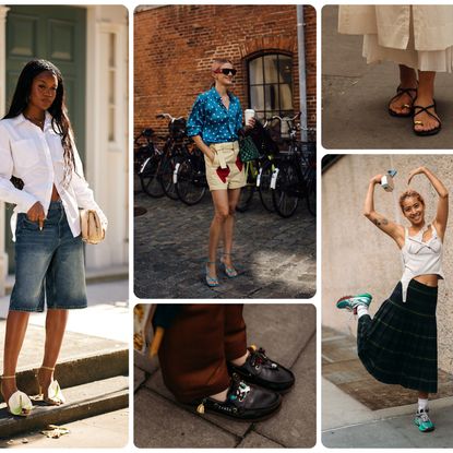 a collage of women wearing summer trends, including denim bermuda shorts, polka dots, boat shoes, plaid, and toe ring sandals