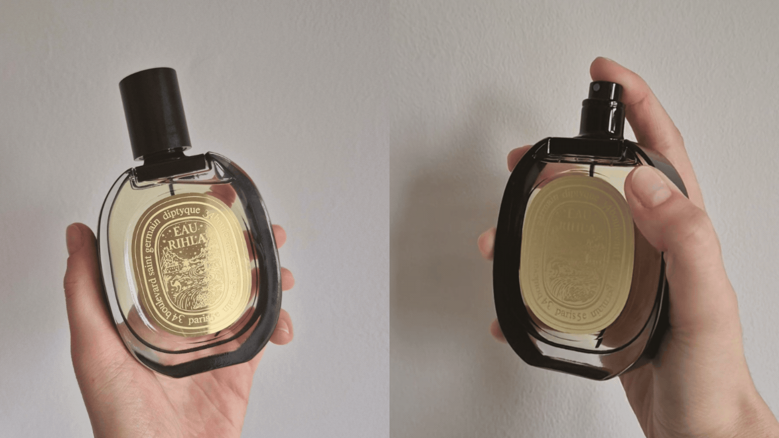 On the left is a picture of Digital Beauty Writer, Naomi Jamieson's hand seen holding a bottle of Diptyque's Eau Rihla perfume, followed by a GIF of her spraying it.