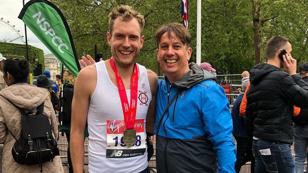 Nick Harris-Fry wearing London Marathon finisher&#039;s medal and coach Andy Hobdell