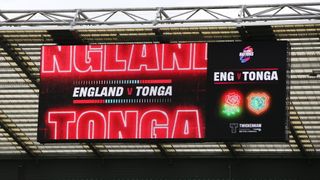 Big screen at Twickenham with graphic showing England and Tonga